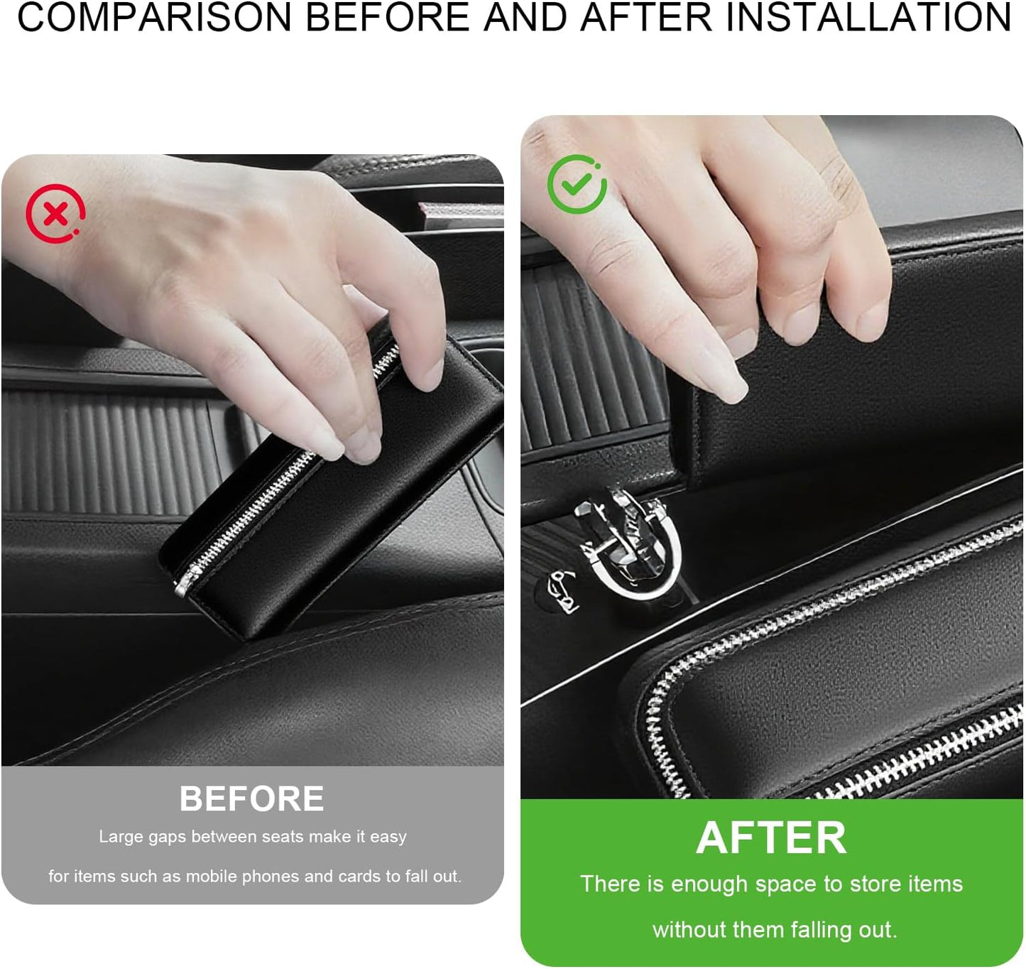 2 PCS Car Seat Gap Filler, Multifunctional Auto Side Seat Crevice Filler with Charging Hole, Car Gap Blocker Storage Box Inserts Between Seat & Console for Key Phone Card