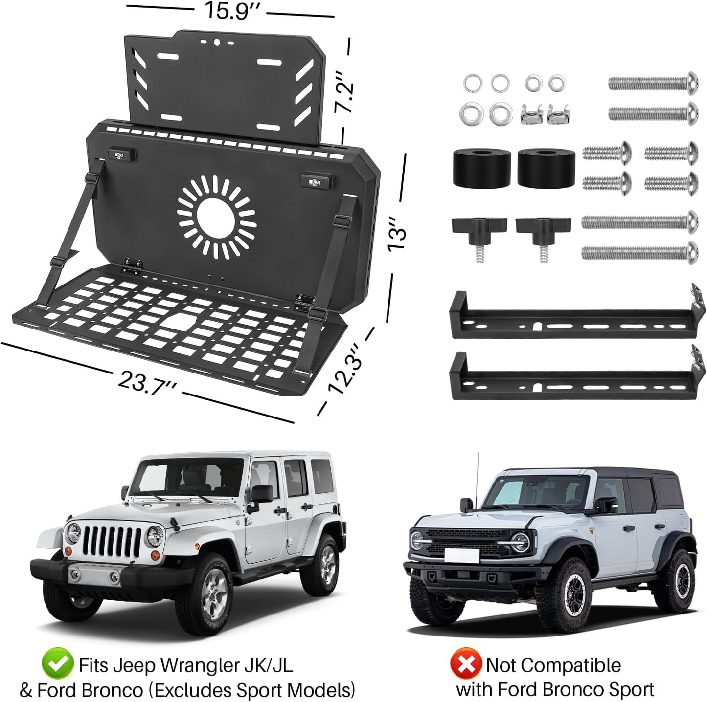 Spare Tire MOLLE Panel Modular Storage System for Jeep Wrangler JL JK & Ford Bronco (Excludes Sport Models), Heavy-Duty Metal Foldable Tailgate Table, Car Storage Organizer Panel Accessories