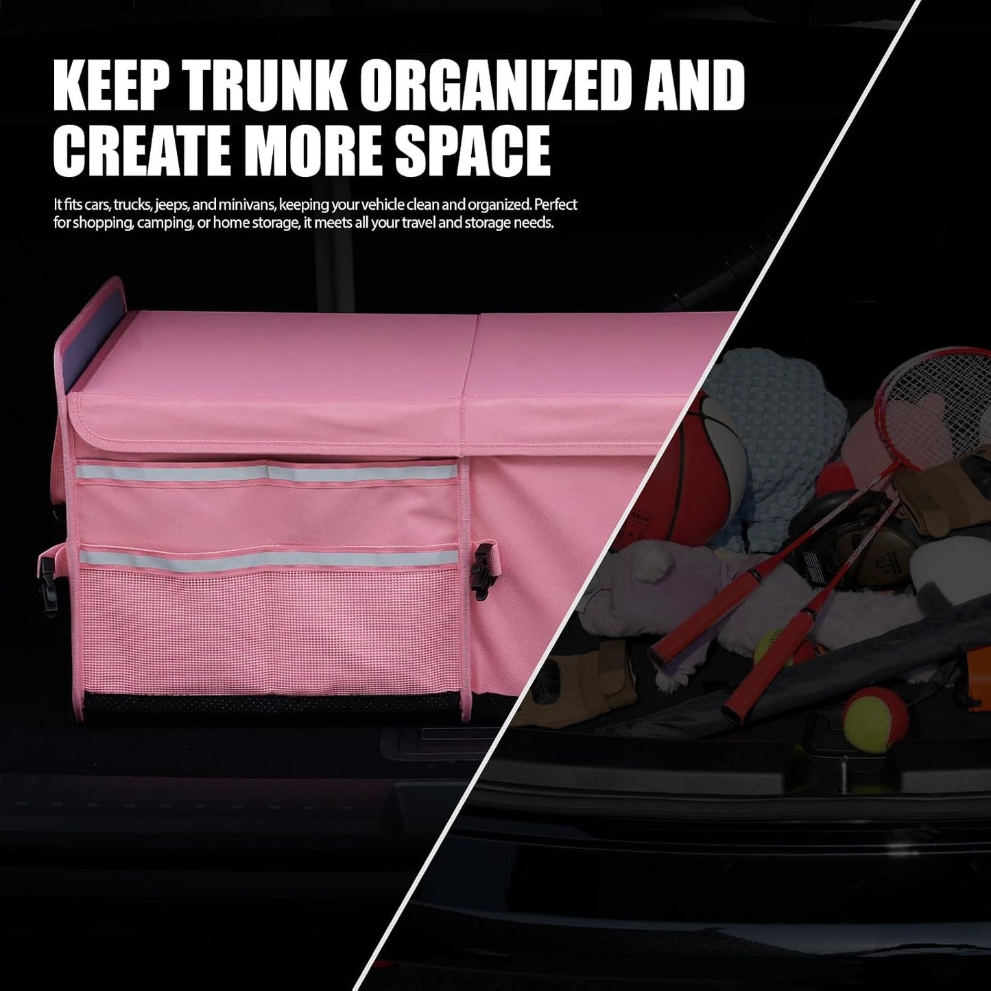 LIBZAKI Car Trunk Storage Organizer, Multi Compartment Collapsible Trunk Storage Box for Car Truck SUV-Pink