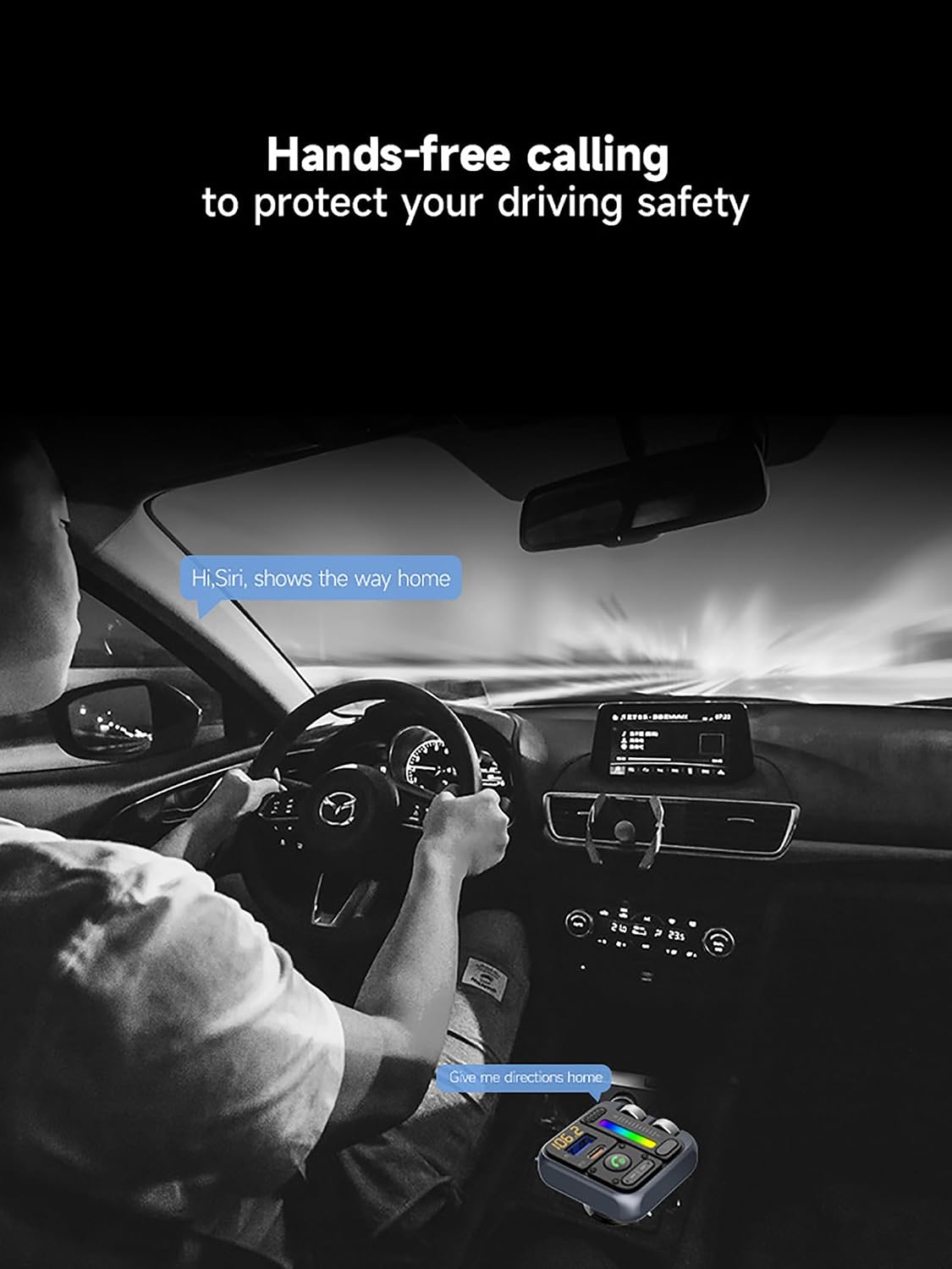 Bluetooth 5.0 Car FM Transmitter, QC3.0 Wireless Car Adapter Mp3 Music Player Car Kit with Hands-Free Calling, 7 Color LED Backlit Car Adapter