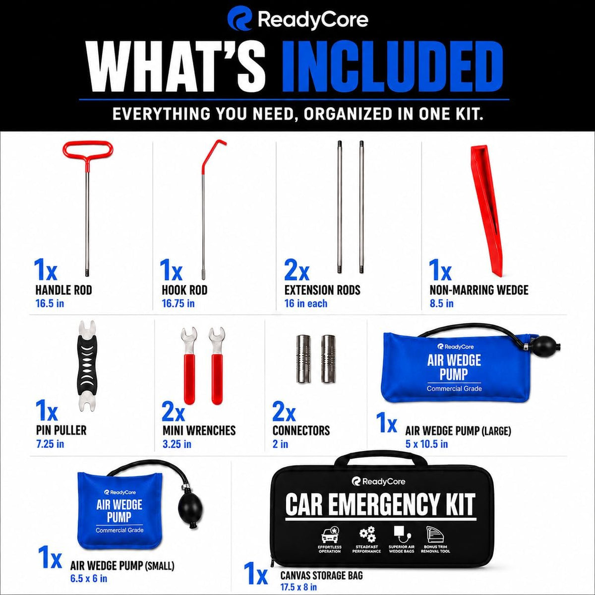 Car Tool Kit with Long Reach Hook & Air Wedge for Getting Things