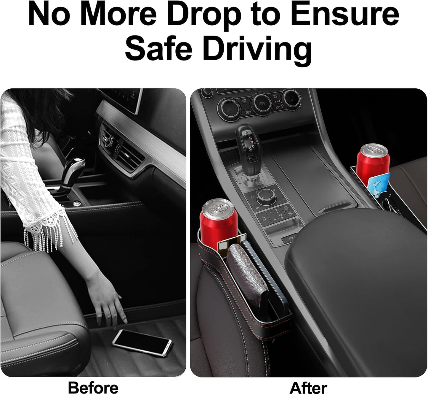 Car Seat Gap Filler, 2 Pack Car Seat Organizer with Cup Holder, Car Seat Gap Filler Organizer with 2 Seat Back Hooks for Phones, Keys, Cards, Canned Drinks, Ideal for Car storage Box