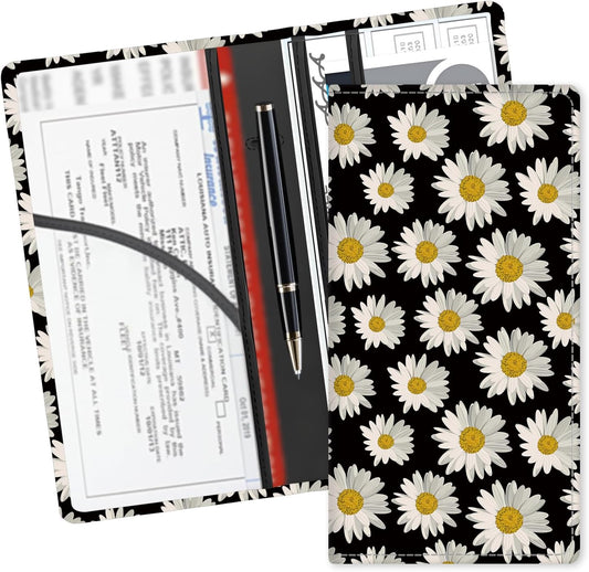 Leather Car Registration and Insurance Card Holder, Cute Car Accessories Vehicle Glove Box Car Organizer for Documents, Cards, License Cute Black Daisy Flower