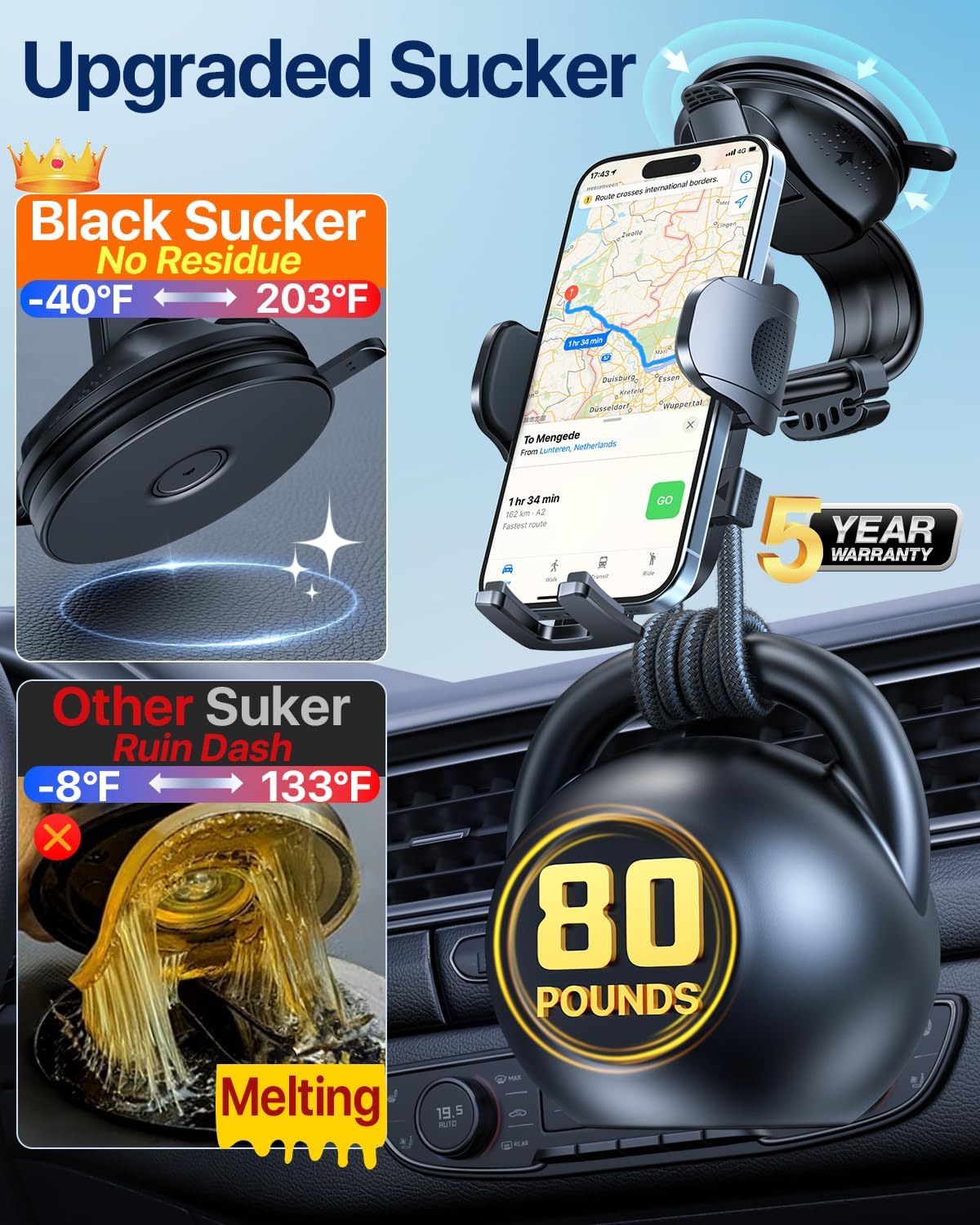 HTU Upgraded Strongest Suction No Block View Bendable Arm Car Phone Holder