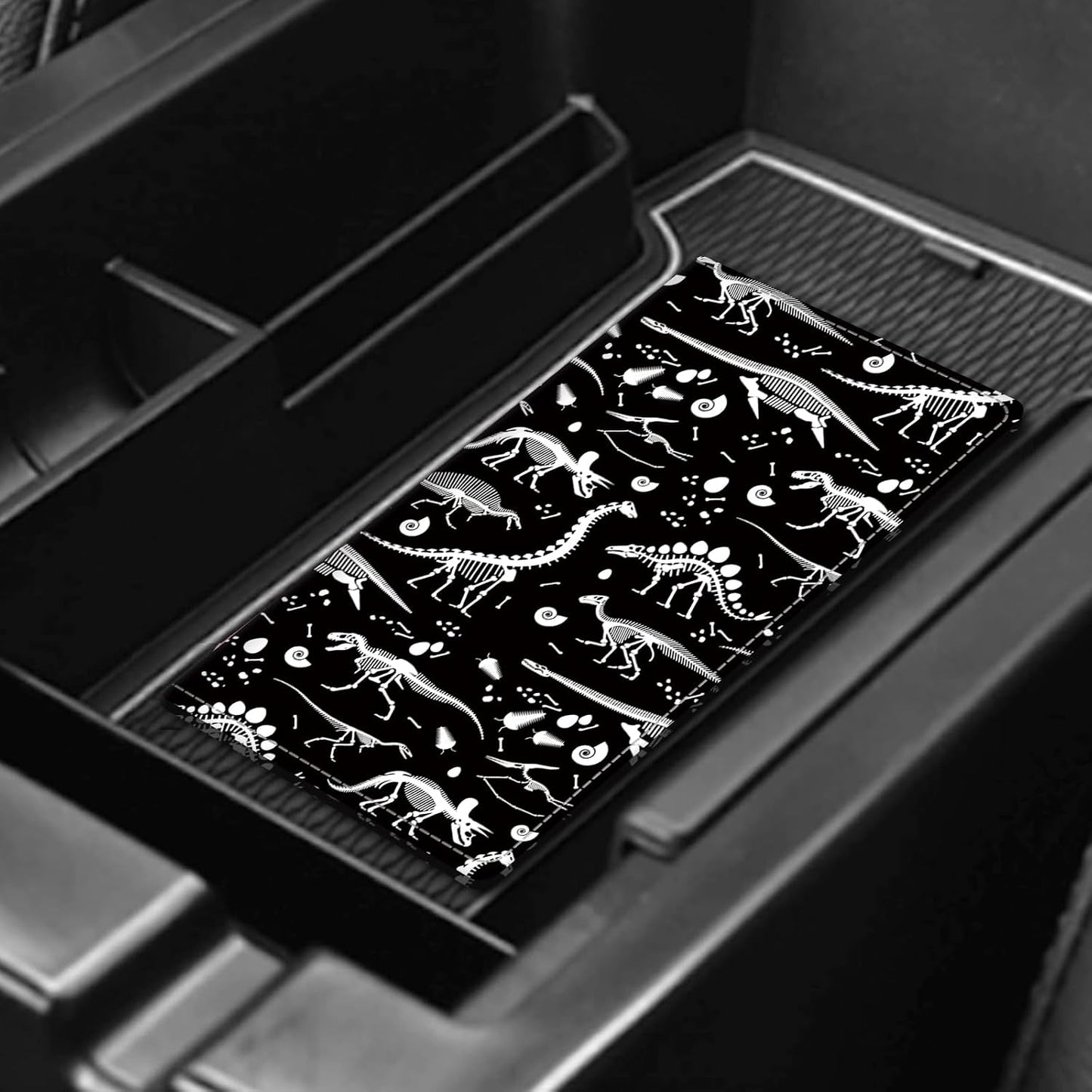 Leather Car Registration and Insurance Card Holder, Cute Car Accessories Vehicle Glove Box Car Organizer for Documents, Cards, License Black White Dinosaur
