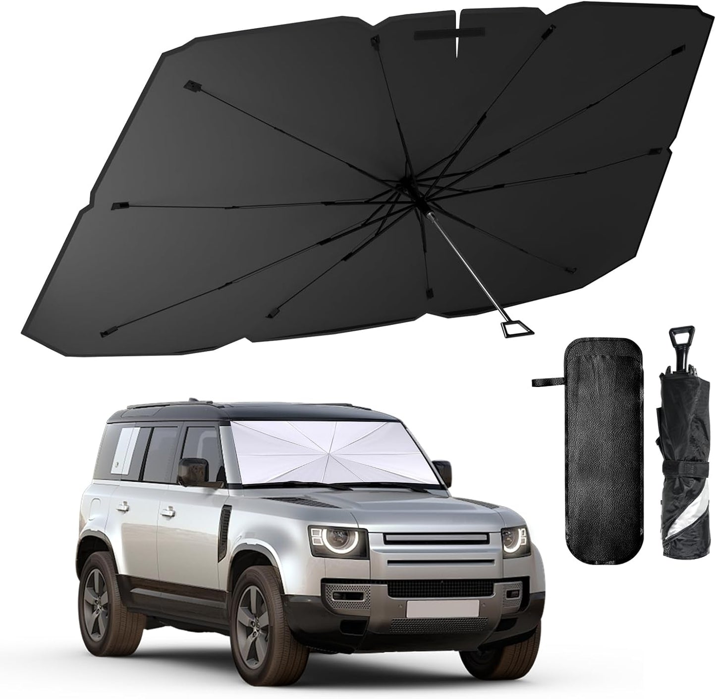 helloleiboo Car Windshield Sun Shade Umbrella 57" x 32", Windshield Sun Shade Foldable with 5-Layer Thickened Vinyl Coating Reflective Heat & UV Protection Fits Most Sedans & Compact SUVs
