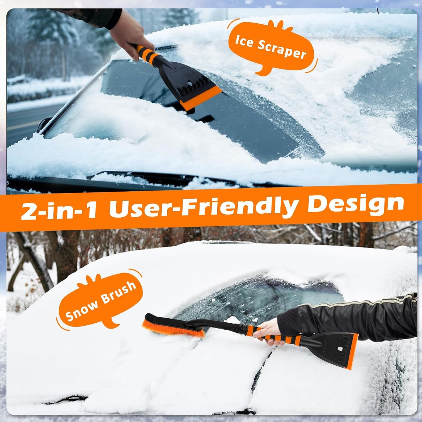 XFIRE-GEAR Car Snow Brush and Ice Scraper/26.8" Window Scraper Deicer for Car Windshield, 2 in 1 Ice Scrapers and Brushes with Non-Slip Gloves, Winter Car Automotive Exterior Accessories