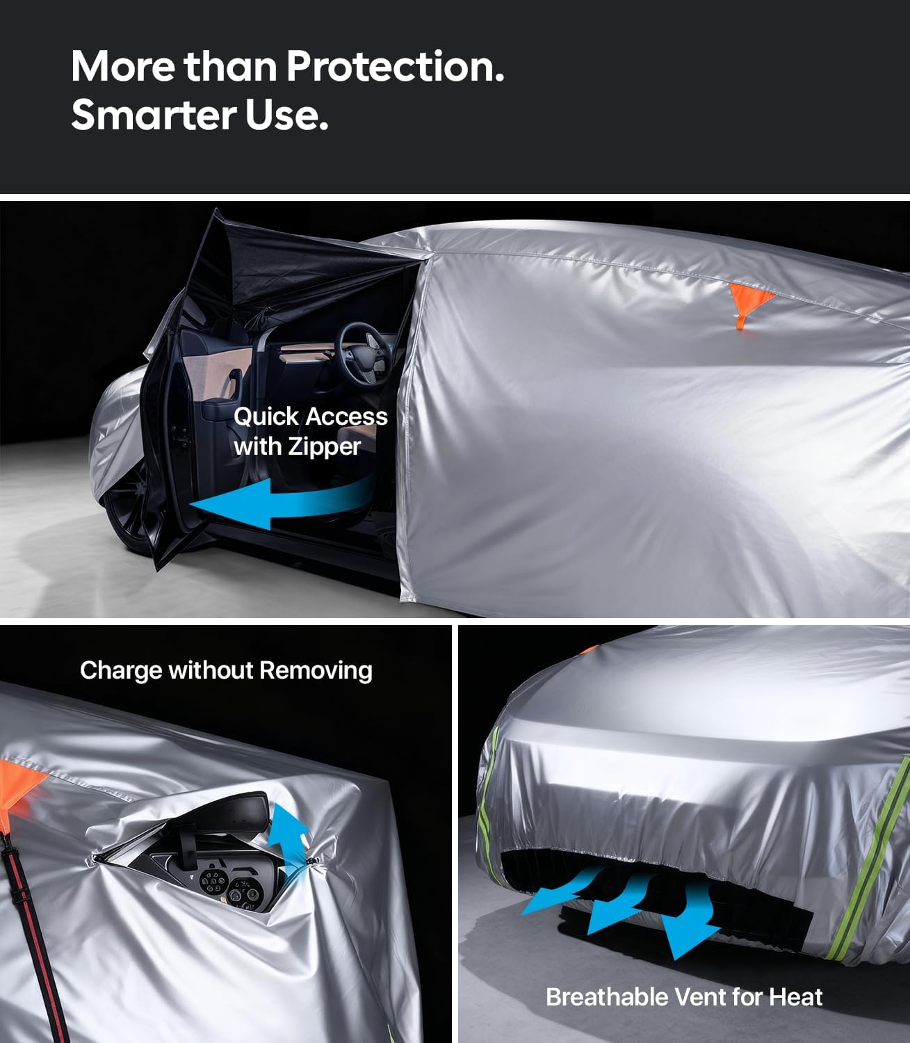 Wigoo Tesla Model 3 Car Cover Accessories (2017–2026), Custom Fit All-Weather Outdoor, Waterproof UV Sun & Heat Protection, Ventilated Design, Windproof, Smooth Paint-Safe Lining, Charging Port Zipper
