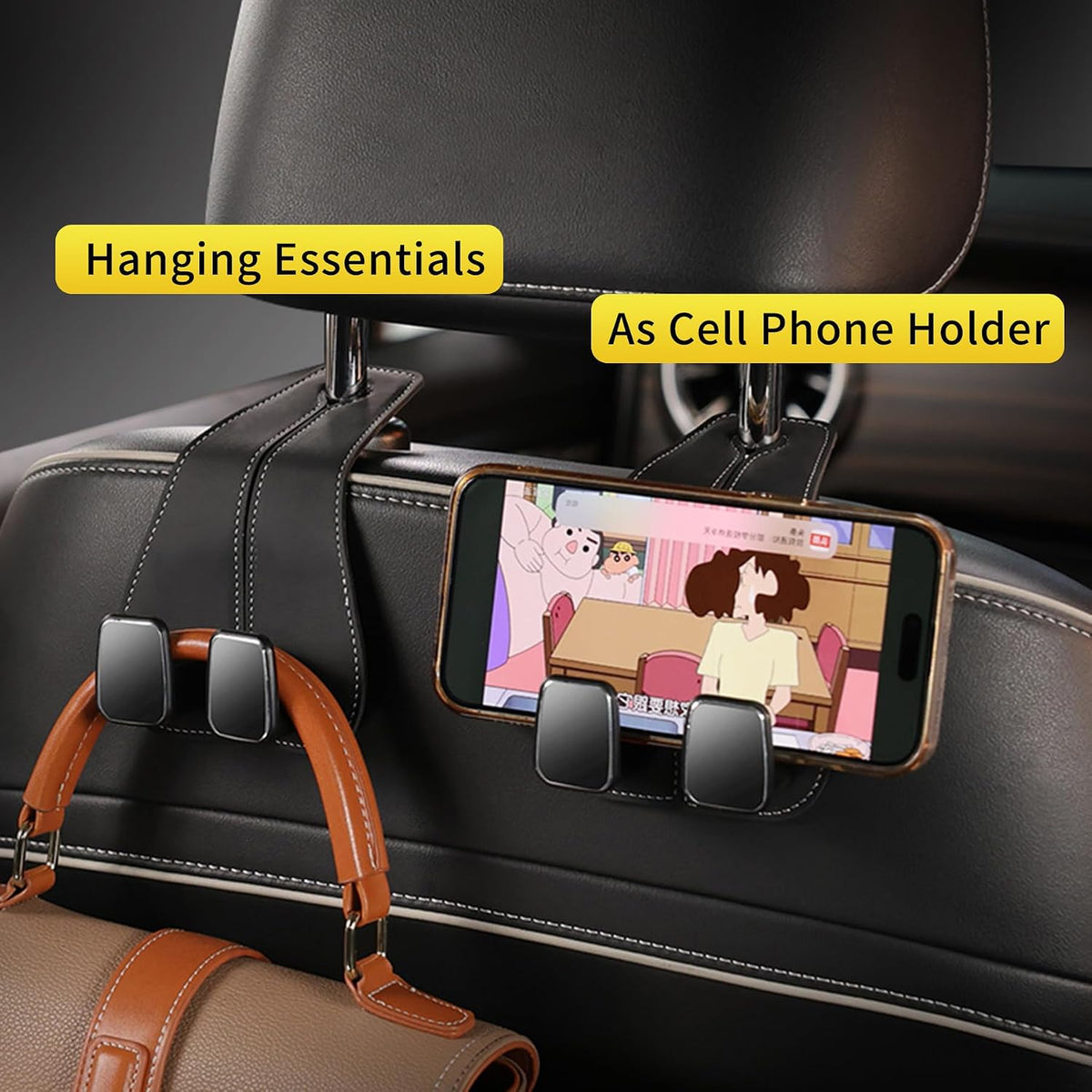 WEIHAO Wide Purse Hook for Car, Twin Hook Leather Car Headrest Hangers, Car Seat Back Storage Hook, Headrest Hooks Purse Bag Holder for Car Universal Fit Sedan Trucks SUVs Most Vehicles (Black-2PCS)