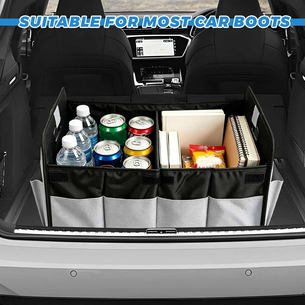 Trunk Organizer, Multi-Compartment Auto Storage Organizer with Reinforced Handles, Foldable Waterproof Oxford Trunk Cargo Storage Box for Most Vehicles, Car Accessory (Gray)