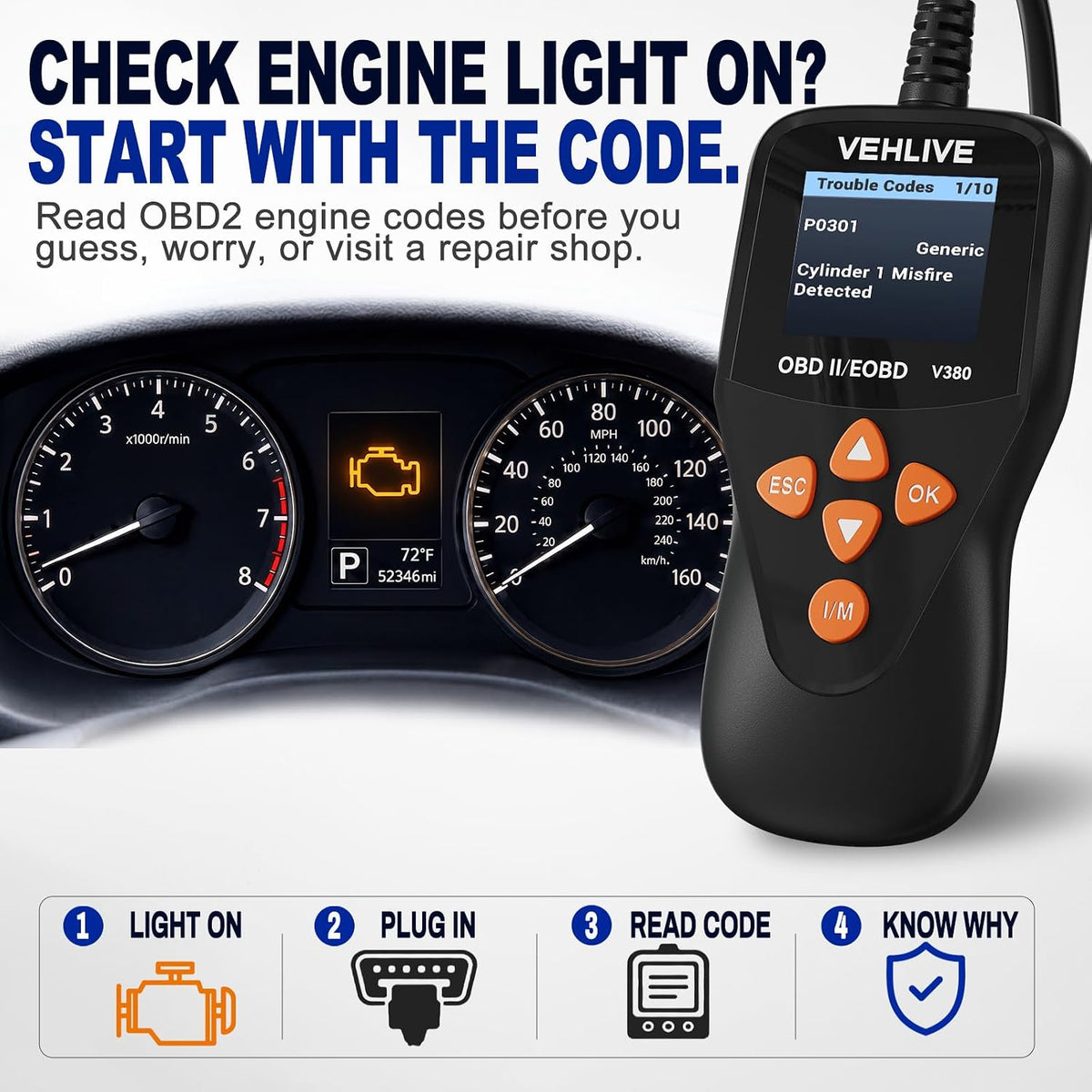 V380 OBD2 Scanner for Check Engine Light, Color Display Car Code Reader