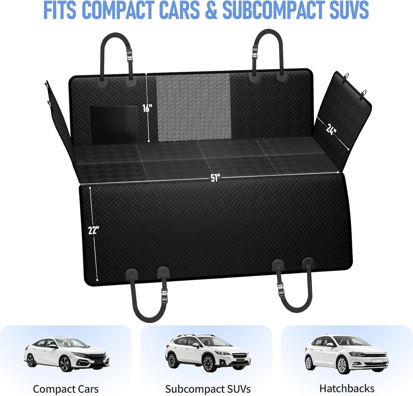PROZAR Dog Car Seat Cover for Back Seat, Hard Bottom Back Seat Extender, Pet Cover for Dogs - Supports 400lbs, Waterproof Heavy Duty Scratch Dog Hammock for Compact Cars/SUVs, 51in -Black