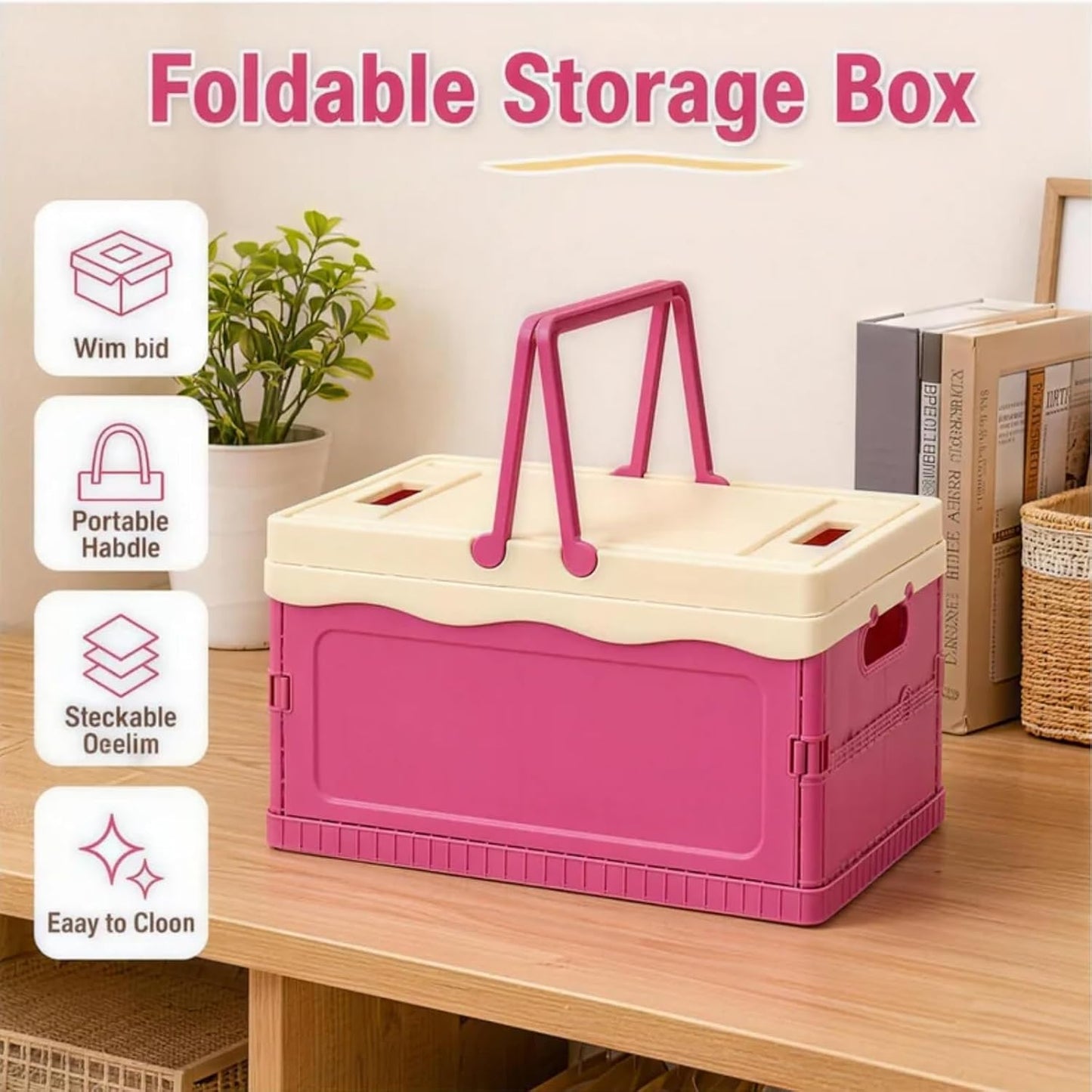 Pink Storage Bins with Lids, Foldable Storage Basket, Collapsible Plastic Organizer Bin with Handle, Portable Stackable Container for Home, Kitchen, Bedroom, Office, Car, Picnic