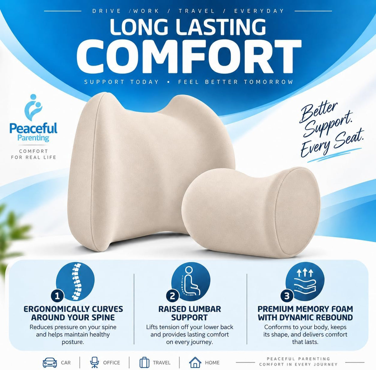 Lumbar & Neck Support Pillow Kit - Beige - Back & Neck Support Pillow for Car & Office Chair - Memory Foam Pillow - Ergonomic Pillow for Neck & Back Pain Relief