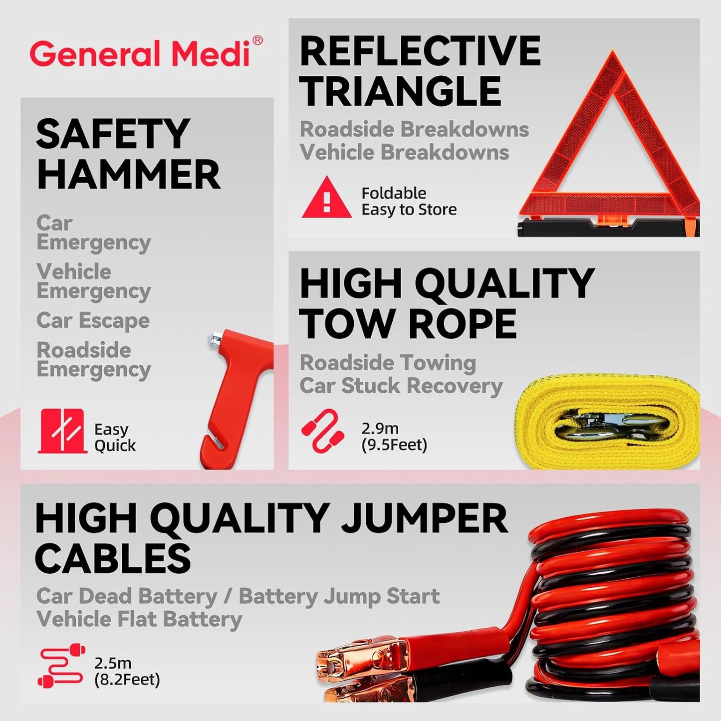 General Medi 127-Pieces Roadside Car Emergency Kit Include Mini First Aid Kit, Jumper Cables,Tow Rope, Bandage, Safety Vest, Emergency Triangle, All in One Pack