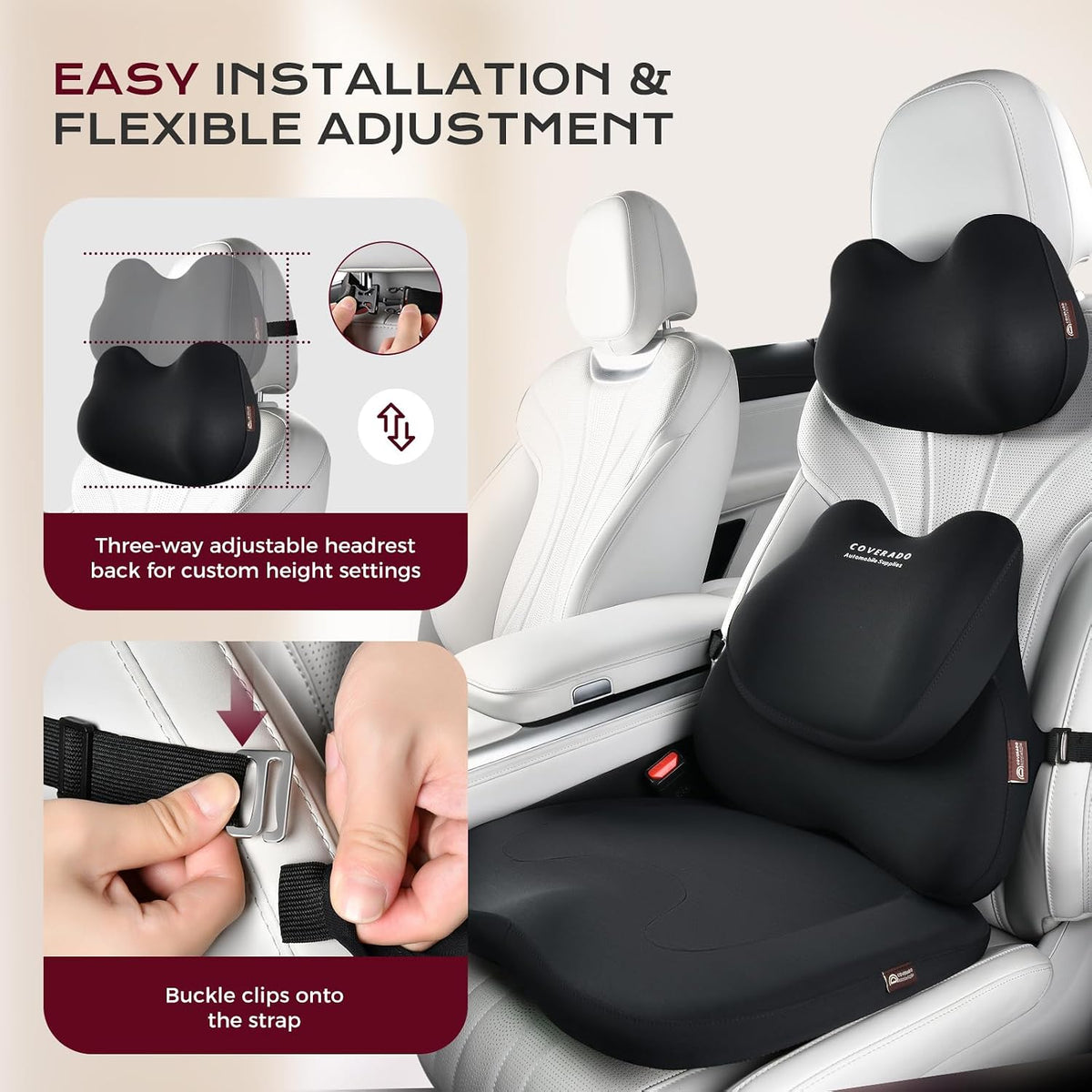 Coverado Car Seat Cushion and Lumbar Support Pillow with Headrest, Memory Foam Cooling Silk Ergonomic Cushion for Driving Back Neck Pain Relief Universal Fit Black