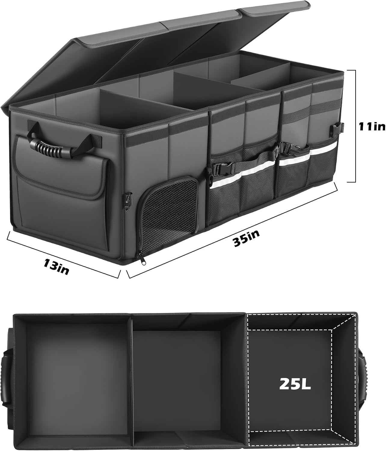 Car Trunk Organizer, 3 Compartment Collapsible Car Trunk Storage Organize with Lid, Non-Slip Bottom, Cargo Organizer for Car Accessories, Trunk Organizer for Car/SUV/Truck
