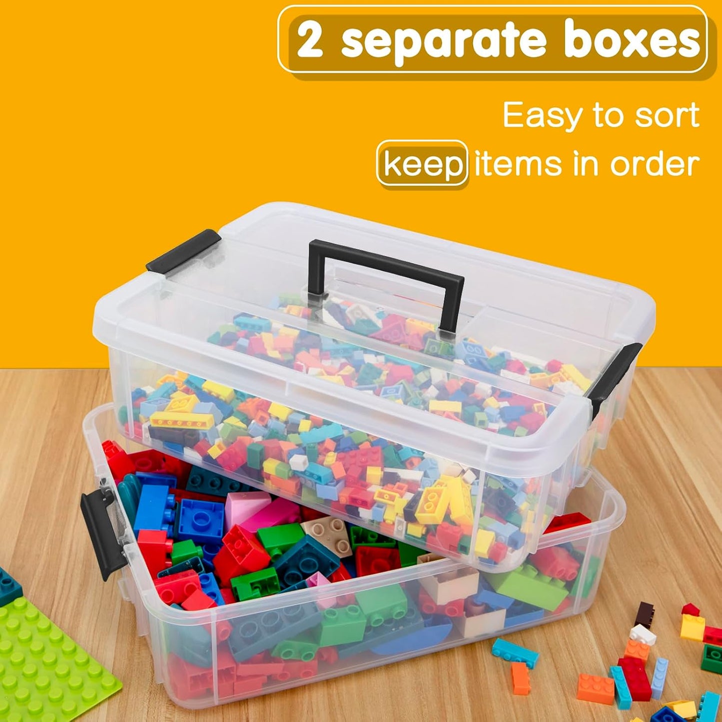 TERGOO 2 Layer Plastic Storage Containers with Lids, Multipurpose Clear Stack & Carry Box, Portable Craft Organizers and Storage Bin for Organizing Art & Craft, Sewing, Makeup, Nail Supplies (Black)