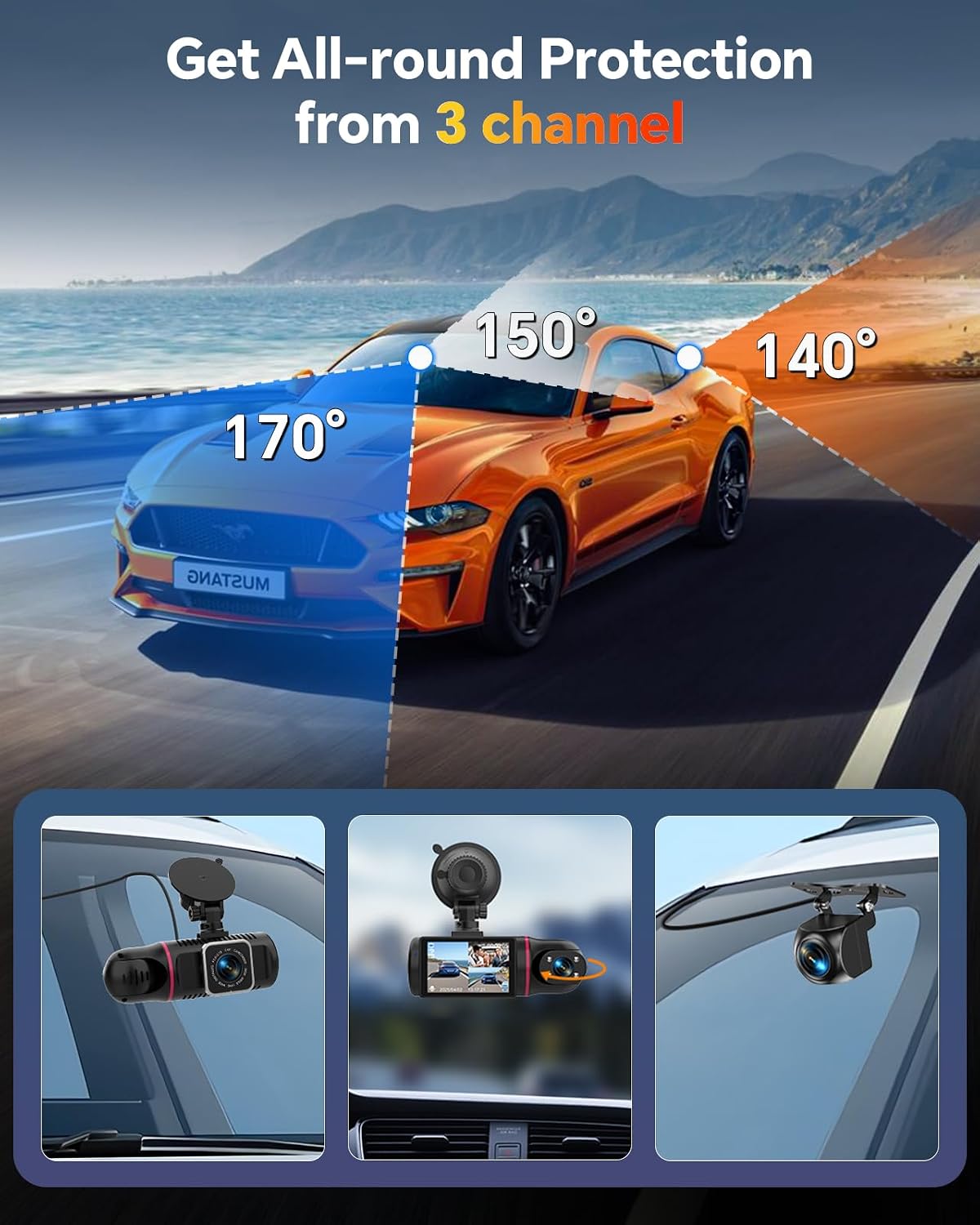 3 Channel Dash Cam Front Rear Inside, 1080P Car Camera with 64GB Card