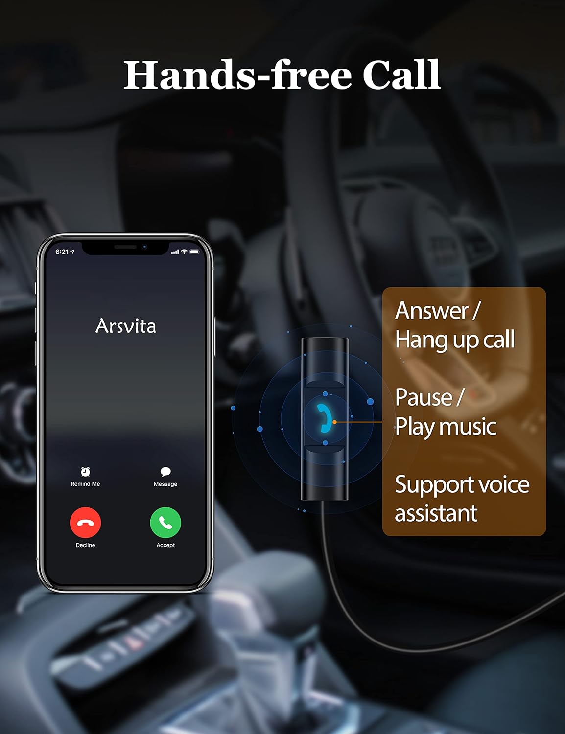 arsvita Bluetooth 5.0 Cassette to Aux Adapter for Car, Charcoal Black
