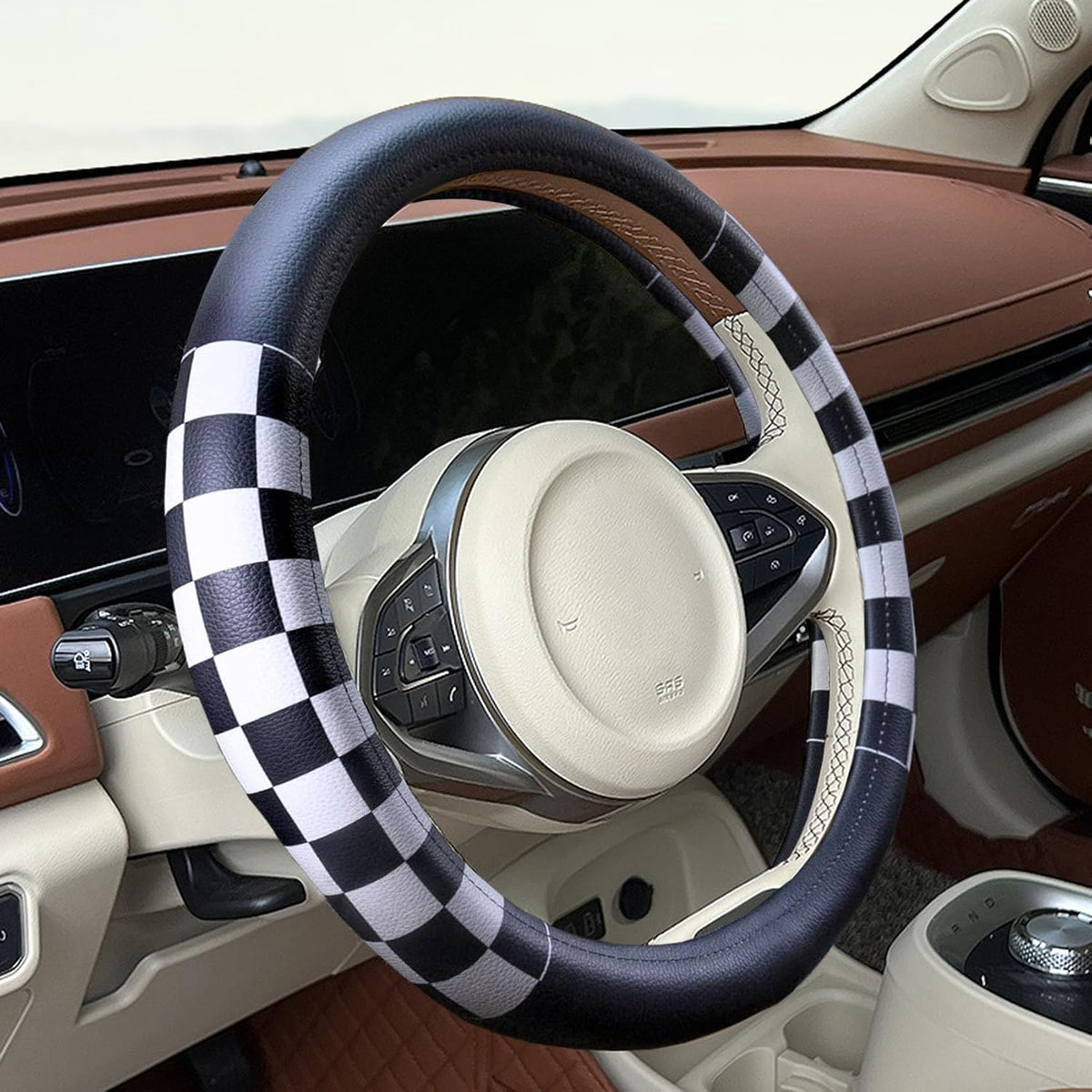 Dotesy Black White Checkered Plaid Car Steering Wheel Cover Leather 15 inch