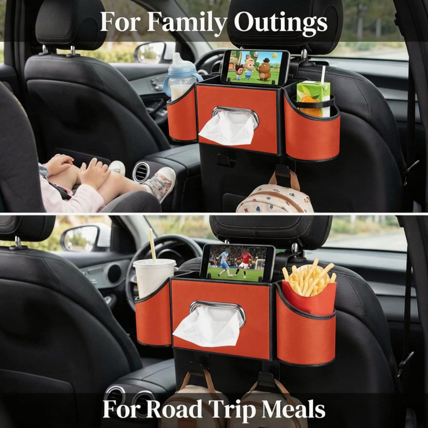 Back Seat Car Organizer, Nappa Leather Car Seat Organizer with Cup Holders and Tissue Box, Premium Hanging Storage Bag for SUV Truck Road Trip (Orange)