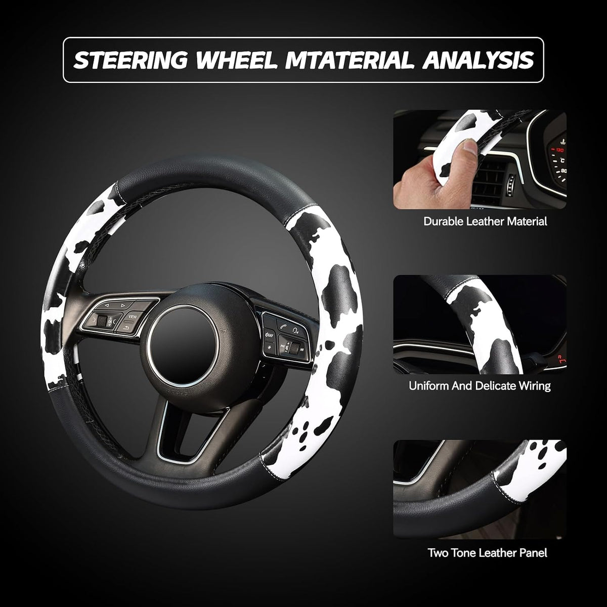 Cow Print Steering Wheel Cover,14.5-15",Microfiber Leather,Anti-Slip,Women