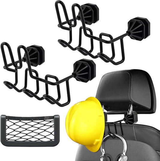 2 Pack Hard Hat Holder for Truck Seat Back, Headrest Organizer with 3 Hooks and 1 Storage Net for Safety Helmet, Caps, Jacket, Tool Bag, Hard Hat Accessories for Truck SUV (Black)