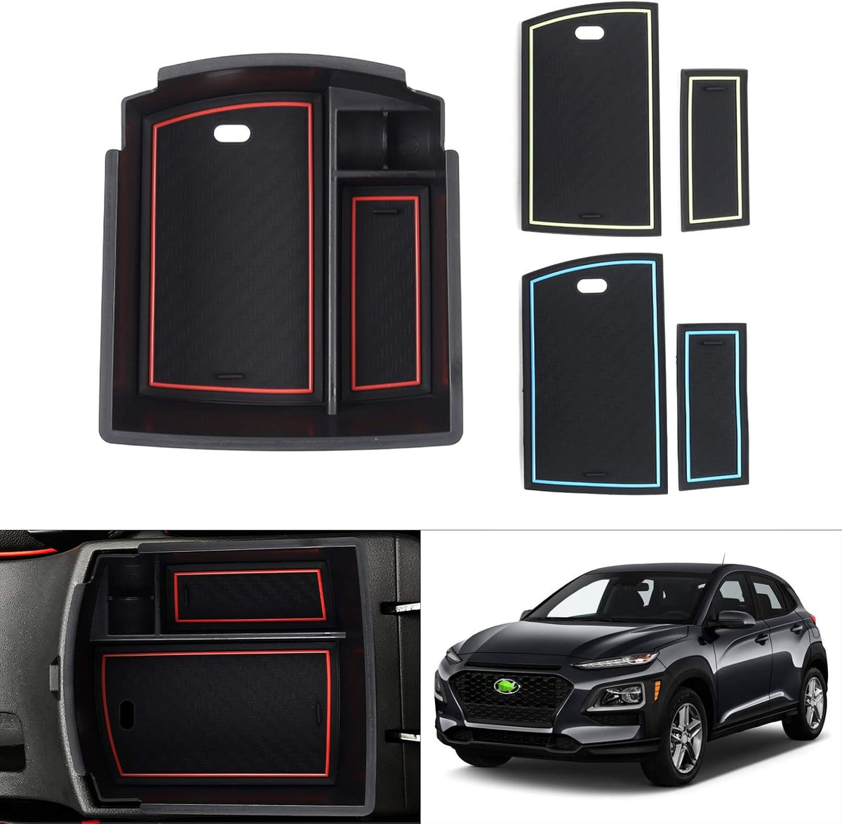 Autorder Center Console Organizer for 2022-2026 Hyundai Santa Cruz Accessories Car Armrest Storage Box Middle Console Tray Container with Black & Red Non-Slip Silicone Mats