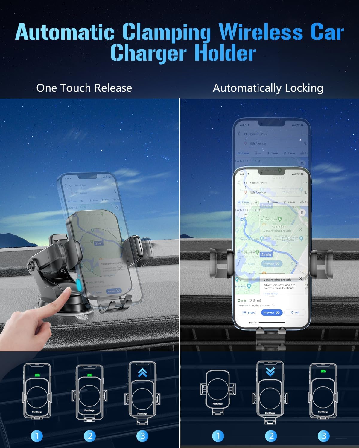 BothLin 3-in-1 Wireless Car Charger Mount, 15W Fast Charging Auto-Clamping Phone Holder for iPhone 17 16 15 14, Samsung Galaxy S24 S23, Dashboard, Vent & Windshield Car Mount