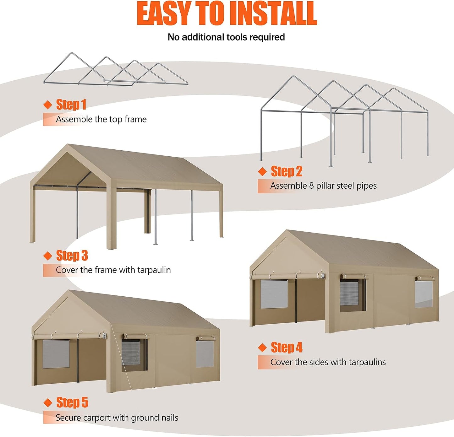 JAMFLY 12x20 ft Heavy Duty Carport with Roll-up Windows, Portable Garage with Removable Sidewalls & Doors, Car Canopy with Sandbags and All-Season Tarp for Car, Truck, Boat, Motorcycle, Khaki