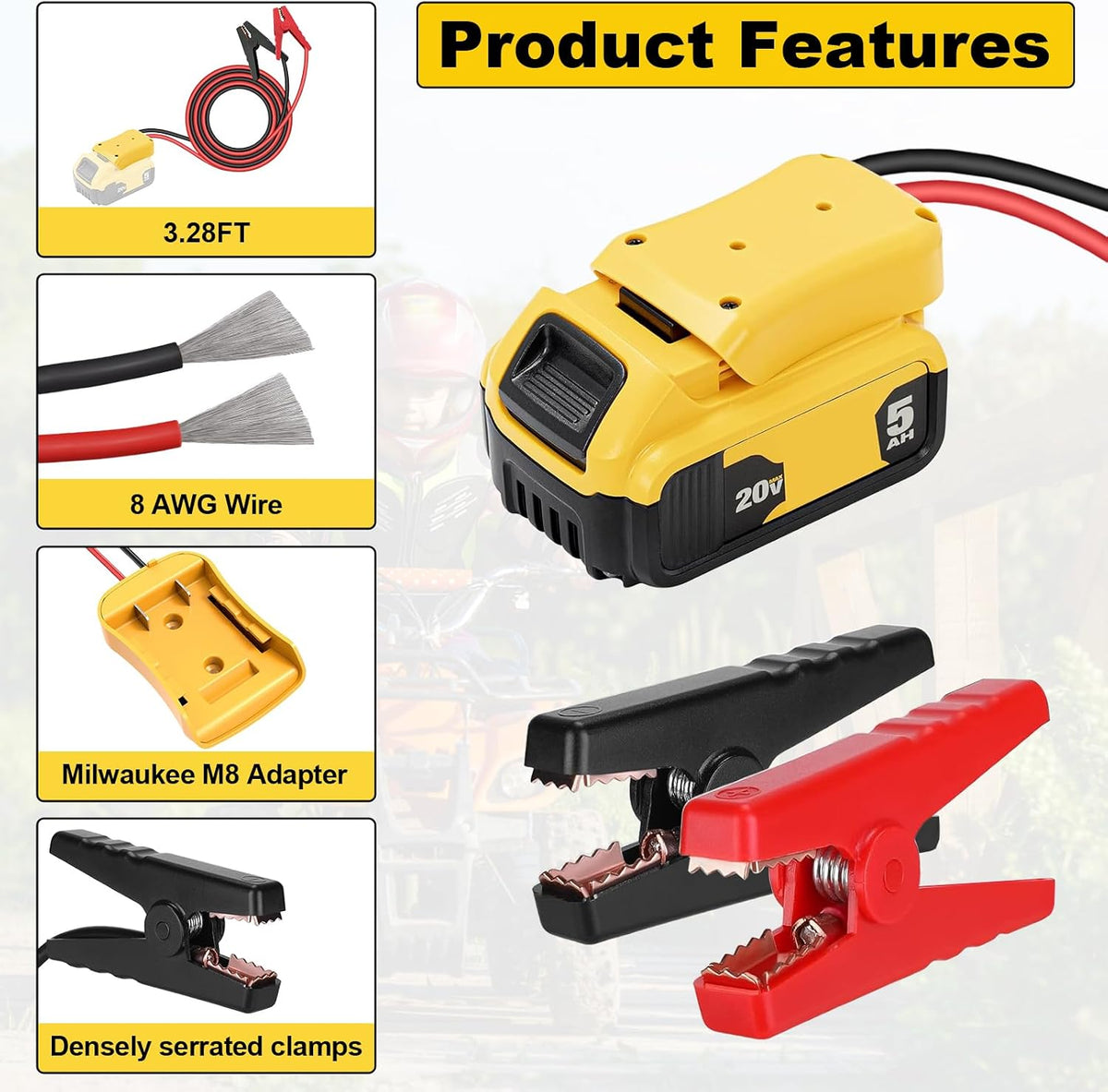 Jumper Cable Clamps for DeWalt 20V Battery Jump Starter, 3.28FT 8AWG Heavy Duty Car Battery Jumper Cable with Adapter for DeWalt, Portable Automotive Battery Booster Cable with Storage Case