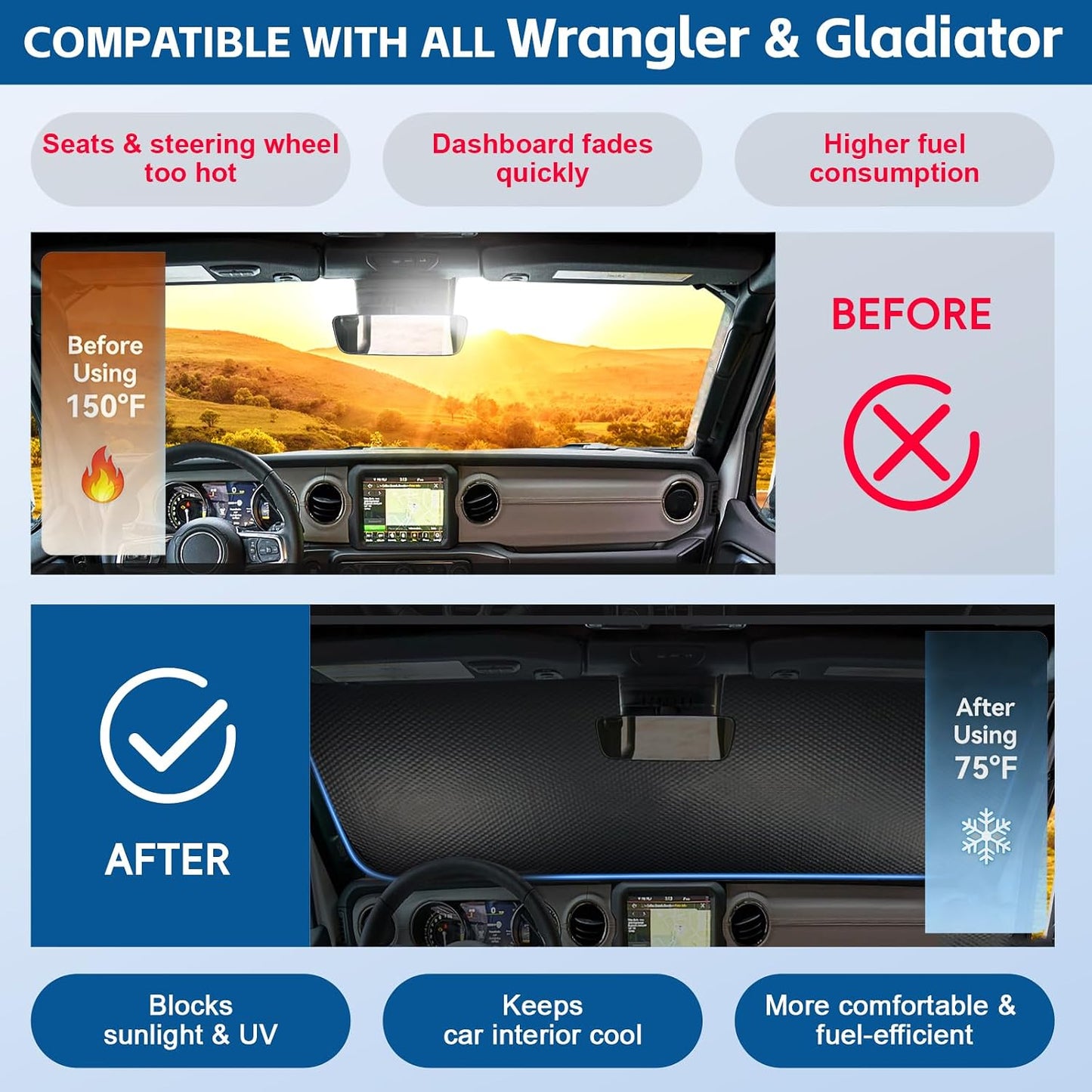 Windshield Sun Shade Fit for Jeep Wrangler TJ JK JL &Gladiator JT 2/4 Door Funny Duck Window Sunshade for UV Rays & Heat Protection Funny Windshield Cover for Wrangler & Gladiator