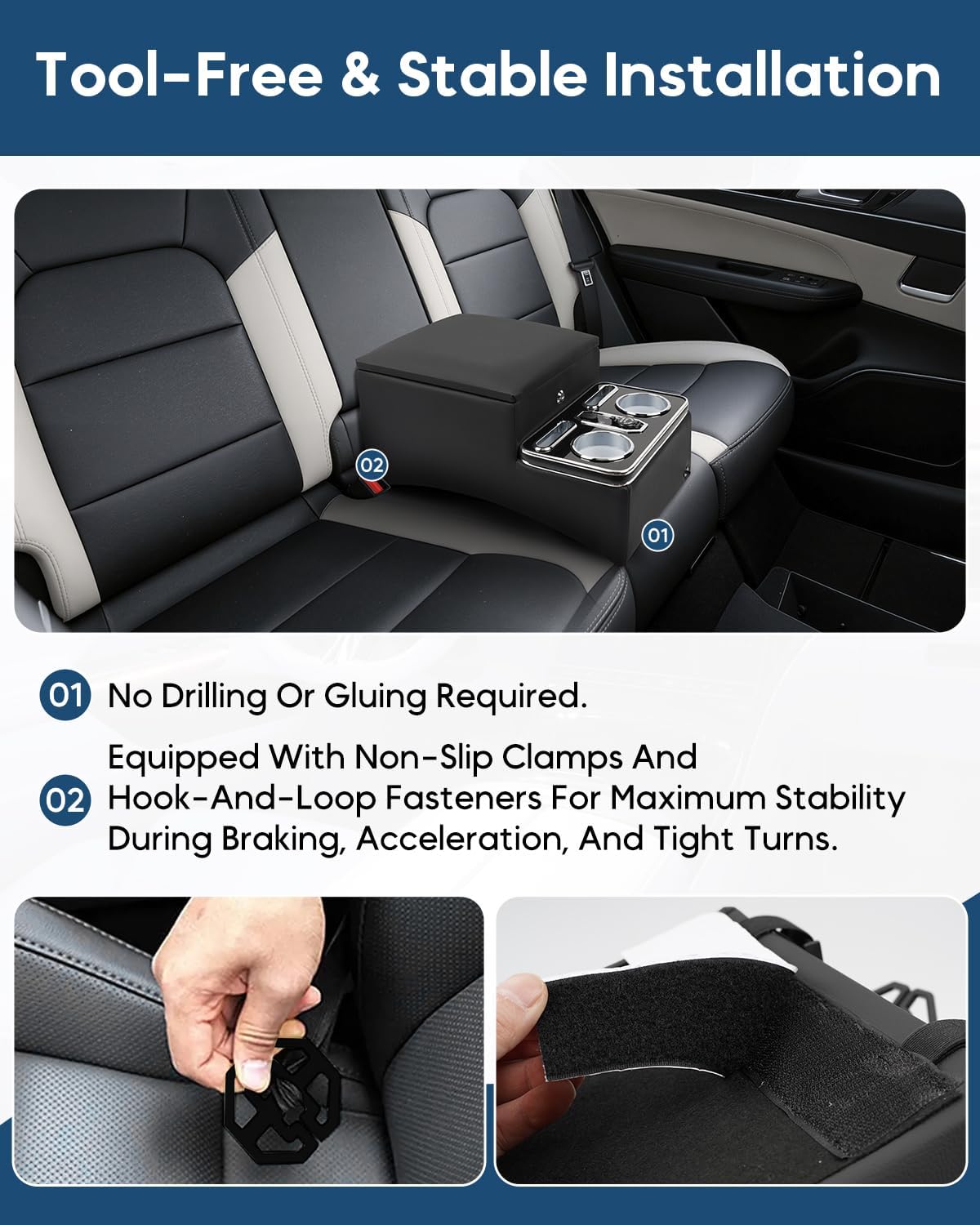 Upgraded Center Console with Lock, Truck Bench Front Seats Center Console Organizer and Storage, Cup & Phone Holder for Minivan, SUV, Middle Van, Fast Phone Charging & 7-Color Adjustable LED Lighting