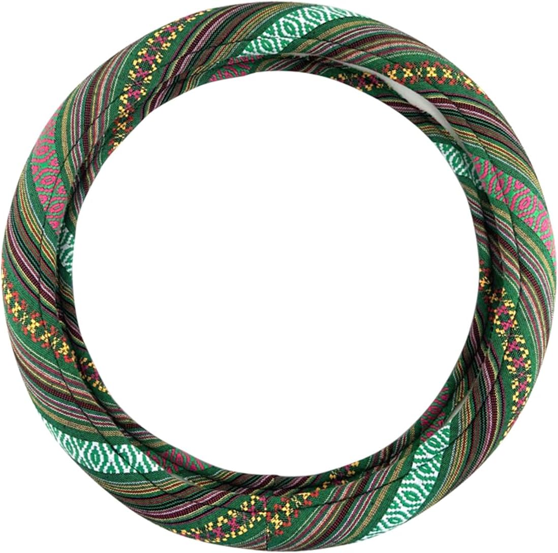 Universal 15inch Ethnic Style Baja Blanket Steering Wheel Cover with Coarse Flax Cloth and Sweat Absorption Anti Slip Car Wrap (Boho Green)