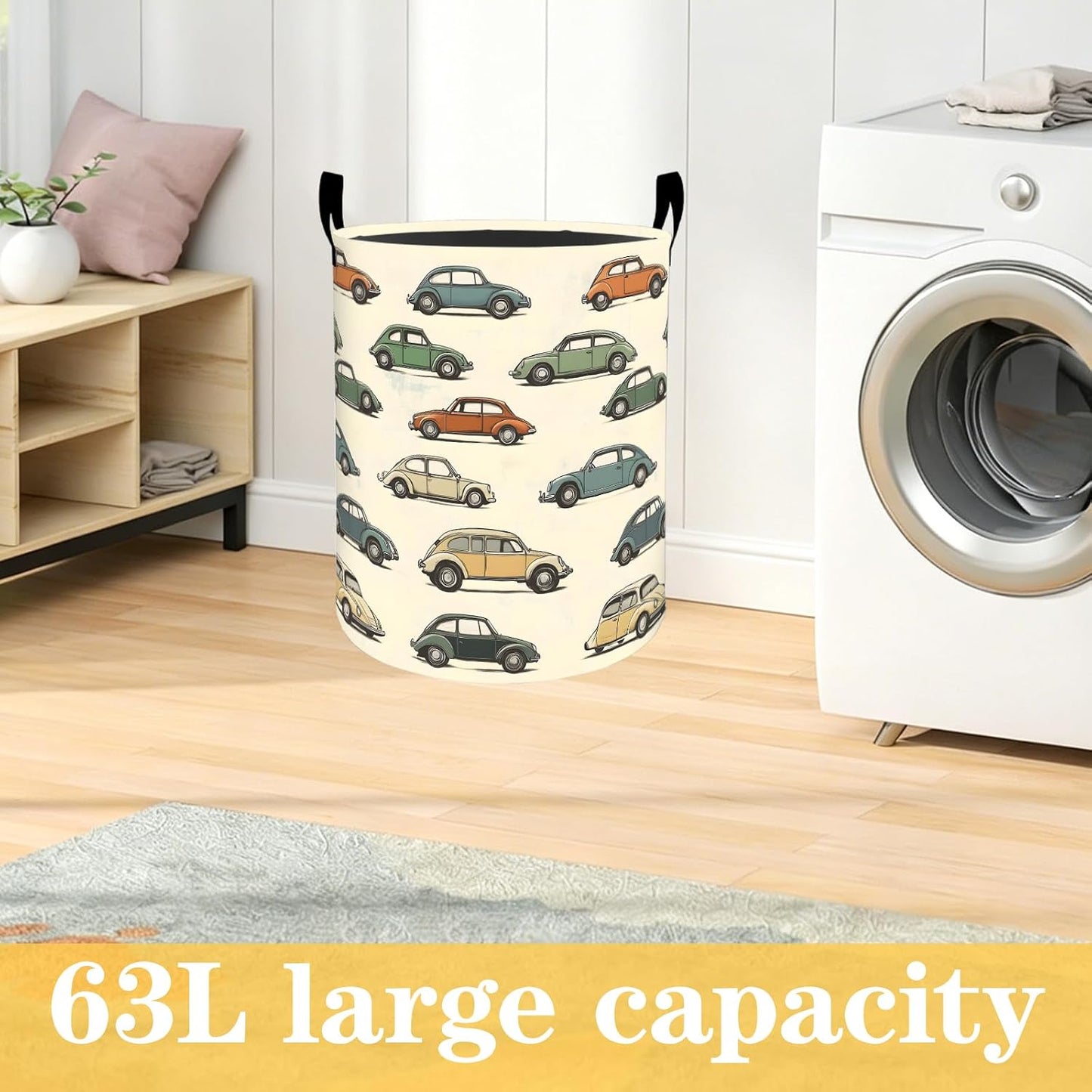 Classic Car Laundry Basket Vintage Vehicle Cartoon Waterproof Oxford Fabric Cloth Storage Hamper, 19.7x15.7 Inch Retro Auto Portable Dirty Baskets Decor Gifts for Living Room Bathroom