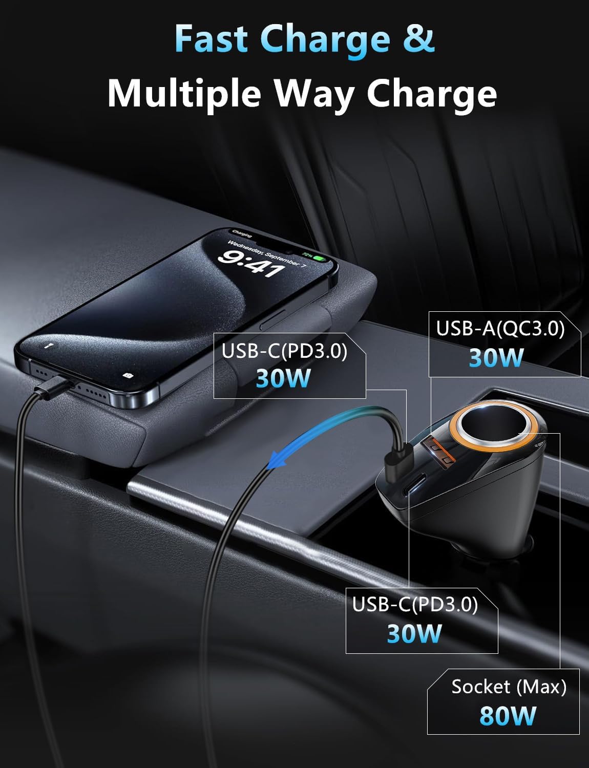 4 in 1 USB C Car Charger, 170W Multi USB Cigarette Lighter Adapter