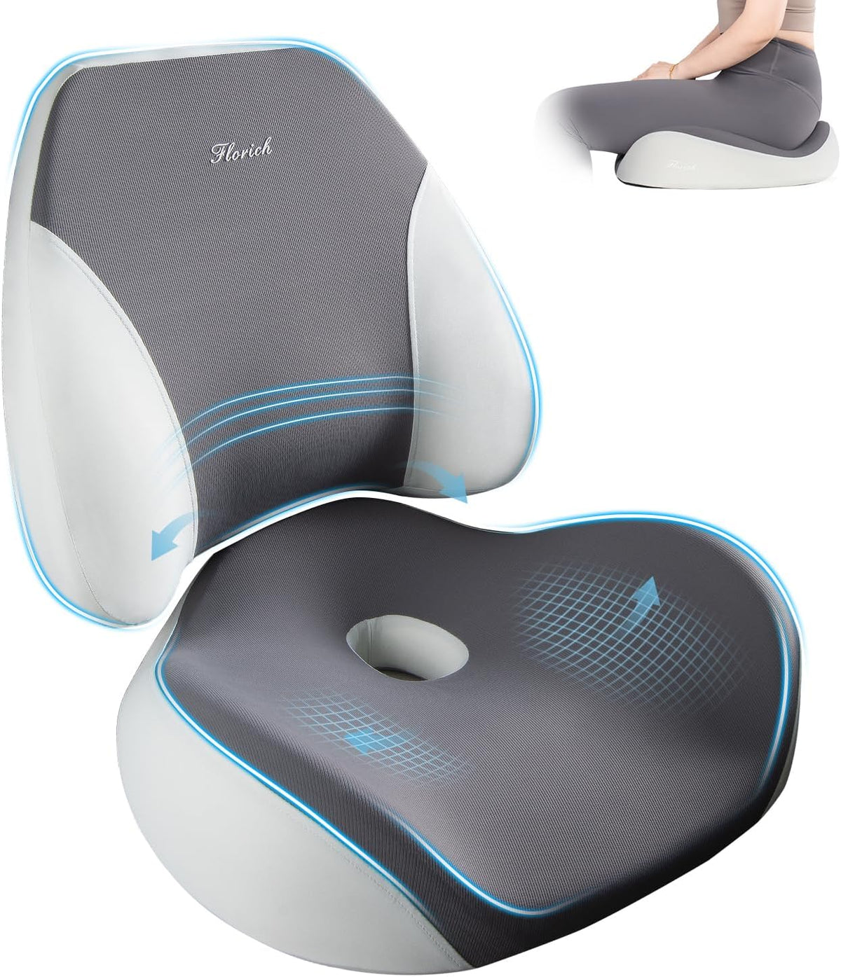 FLORICH Upgraded Ergonomic Memory Foam Car Seat Cushion with Lumbar Support, Non-Slip, Washable Driving Seat Cushion for Back & Sciatica Pain Relief, Large Car Seat Cushion Driver, Office-Gray