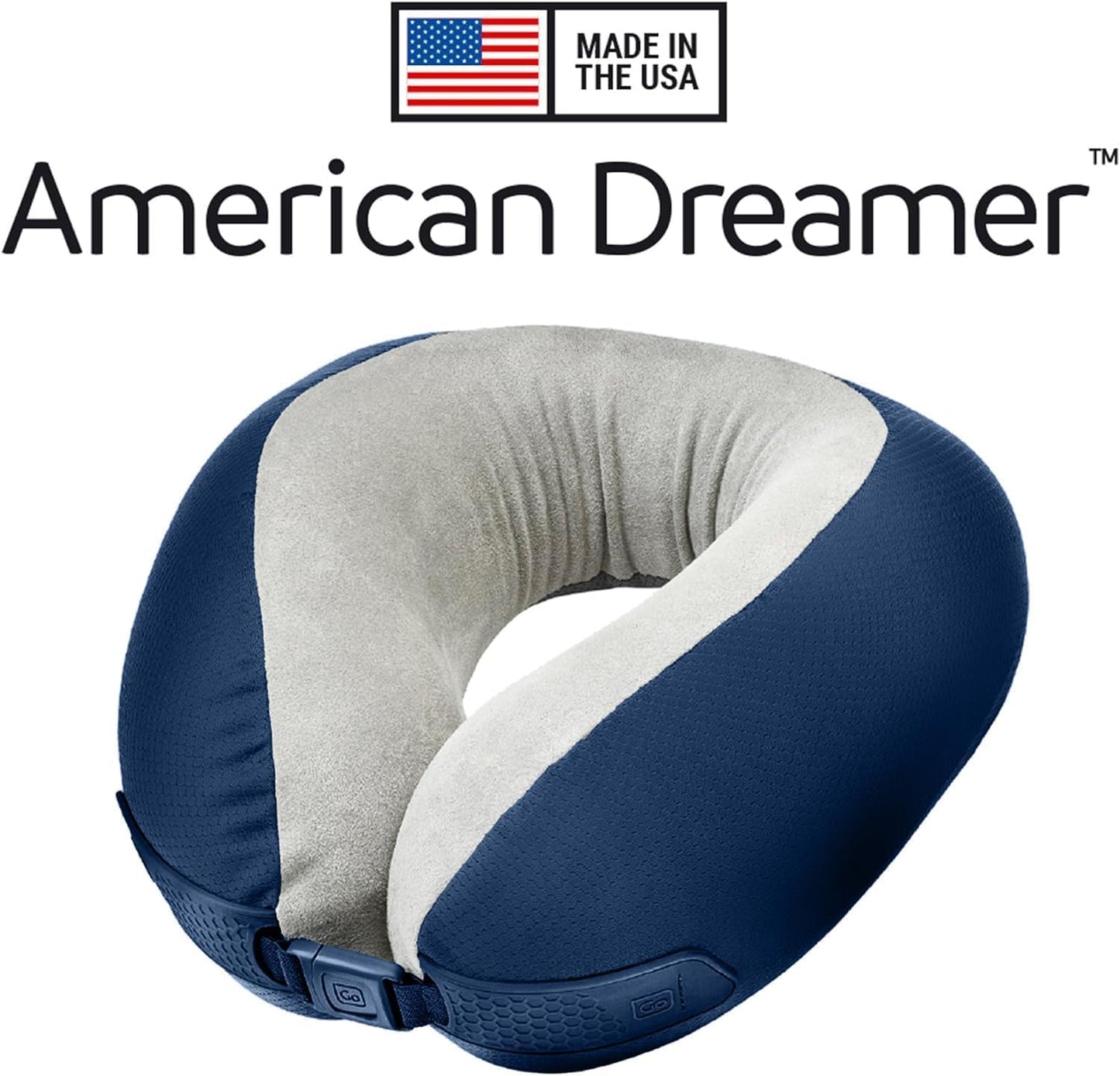Go Travel American Dreamer, Deluxe Travel Pillow, Comfortable Memory Foam Neck Pillow with Adjustable Front Closure, Ideal for Airplane, Bus, Car, and Train, Travel Essentials, Made in USA, Dark Blue