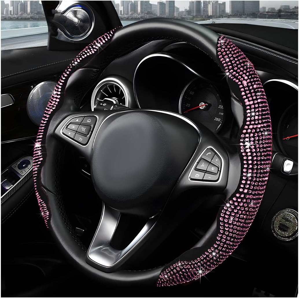 2PCS Steering Wheel Cover, Sparkling Rhinestone Segmented Steering Wheel Protector Fit 14-15.6 Inch, Non-Slip Wheel Wrap Cover Bling Car Interior Accessories for Women Girls (Blue)