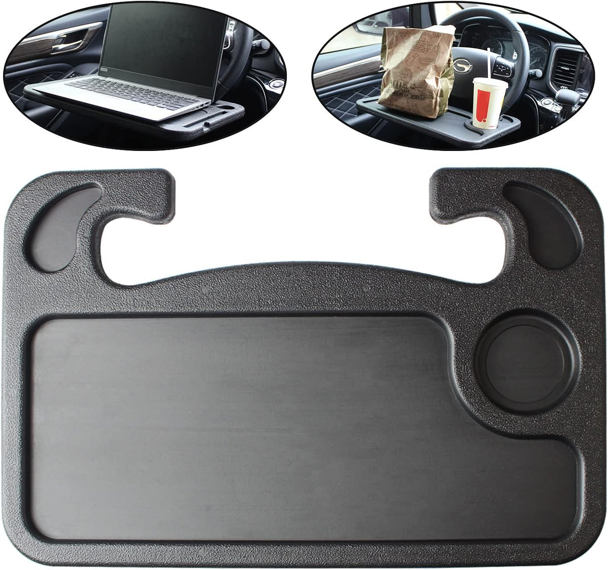 Car Steering Wheel Desk, Multifunction Portable Auto Steering Wheel Tray for Computer, Food, Snack, Lunch, Drinking, 2 in 1 Black Car Eating Table