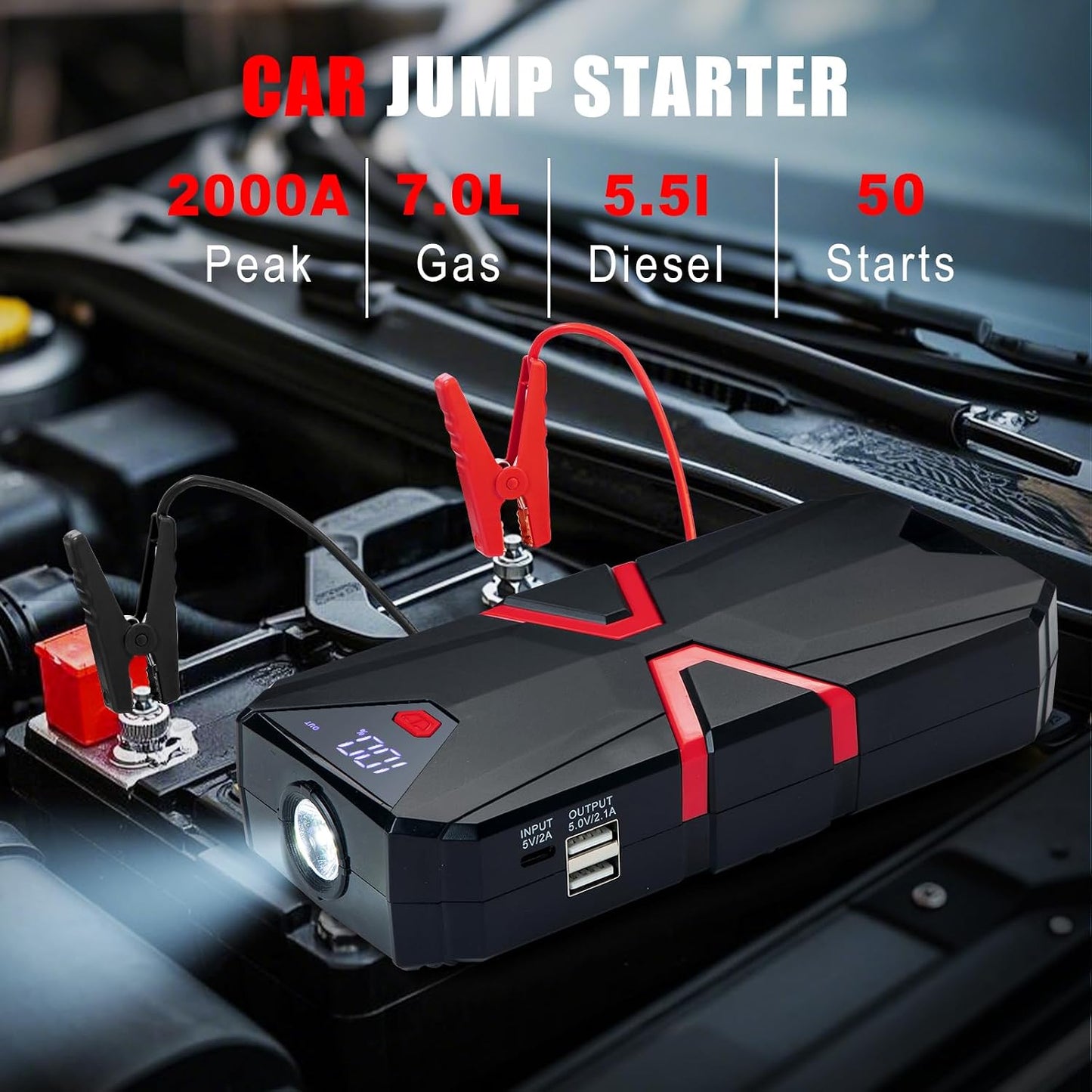 Car Emergency Kit with 2000A Car Battery Jump Starter- Car Roadside Emergency Kit, First Aid Kit, Tow Rope, Emergency Car Kit, Roadside Safety Tool Kit for Women, Men