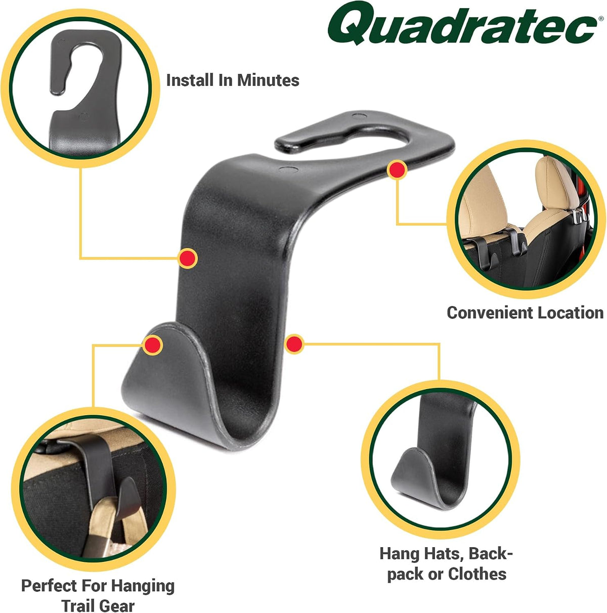 TACTIK Headrest Hooks - Fits Jeep Wrangler CJ, YJ, TJ, JK, JL & Gladiator JT - Sold as a Set of 4 - Hang Groceries, Purses, Backpacks, Coats, Hats, Clothes, Umbrellas - Quick & Easy Installation