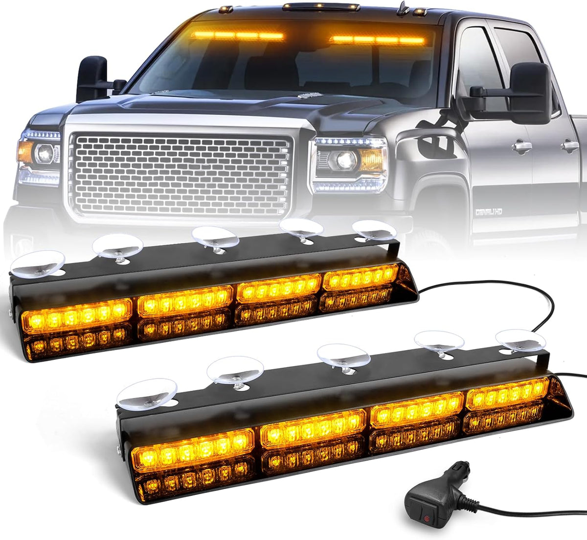 HLauto 6Z4J Emergency Dash Strobe Lights: 2x16.8 inch Red Blue Safety Lights, 48 LED Flashing Warning Hazard Interior Windshield Visor Traffic Light Bar for Trucks, Construction Vehicles