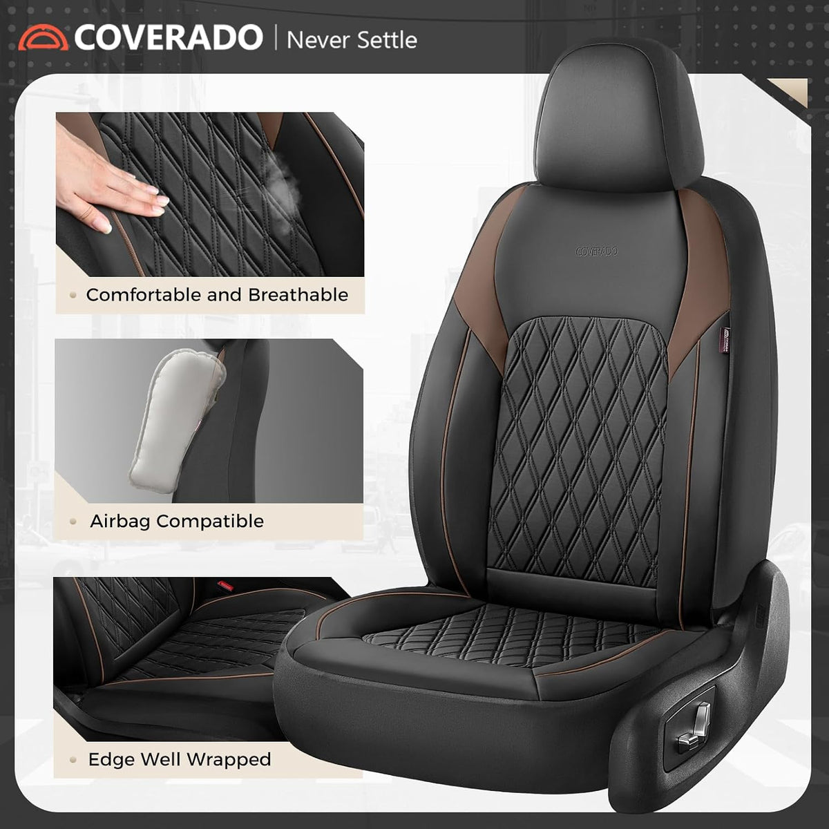 Coverado Leather Seat Covers, Front and Back Seat Covers for Cars, Waterproof Automotive Seat Covers Car Seat Protector Car Seat Cushion Universal Interior Truck Accessories Fit Most Cars Black&Coffee