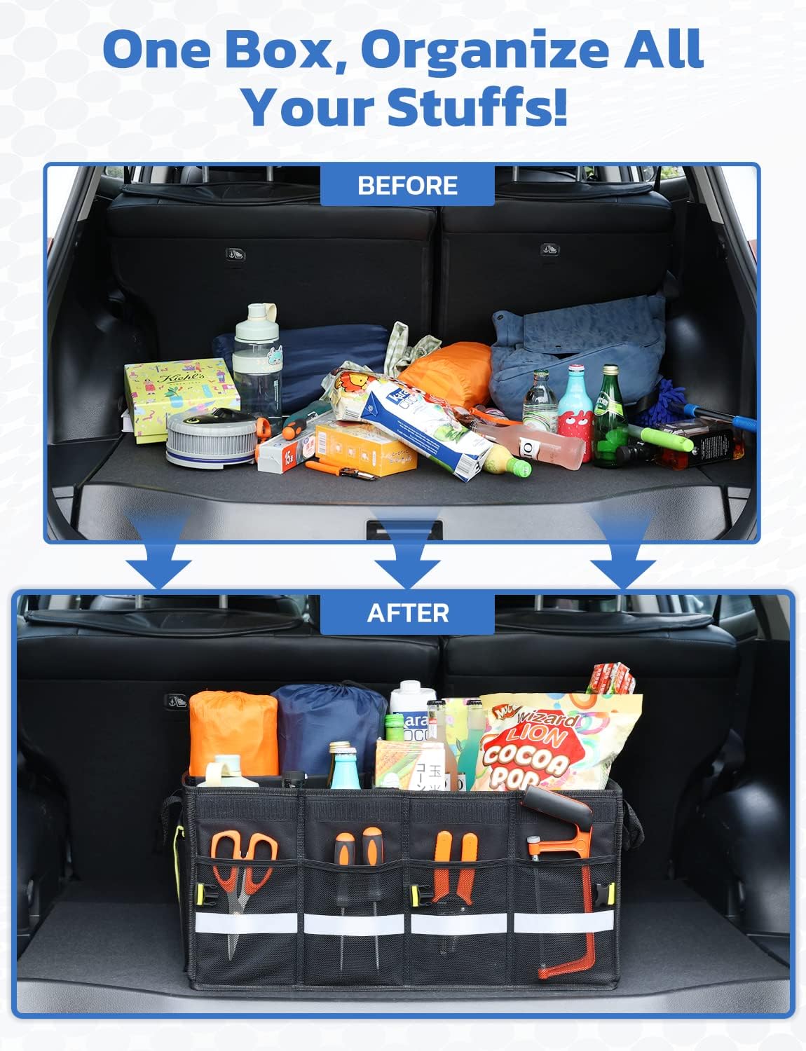 Oasser Car Trunk Organizer, 3 Compartments Collapsible Waterproof Car Organizer Storage with Foldable Cover, Reflective Strip, Non-Slip Bottom, 4 Mesh Pockets for SUV/Truck/Sedan/Camping/Road Trip