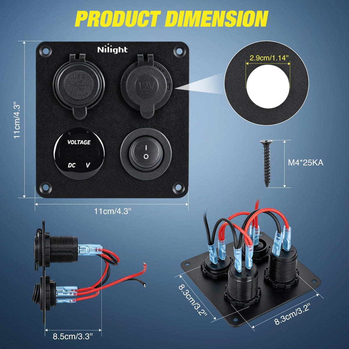 Nilight 4 in 1 Toggle Switch Panel Green Power Outlet USB Charger Voltmeter