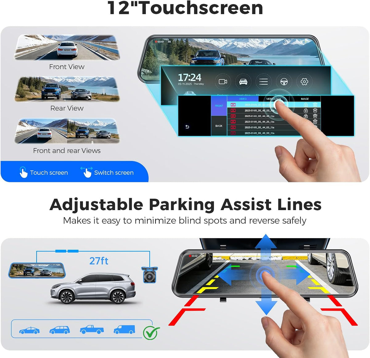Mirror Dash Cam, 12 Touch Screen, 4K Front + 2.5K Rear Camera