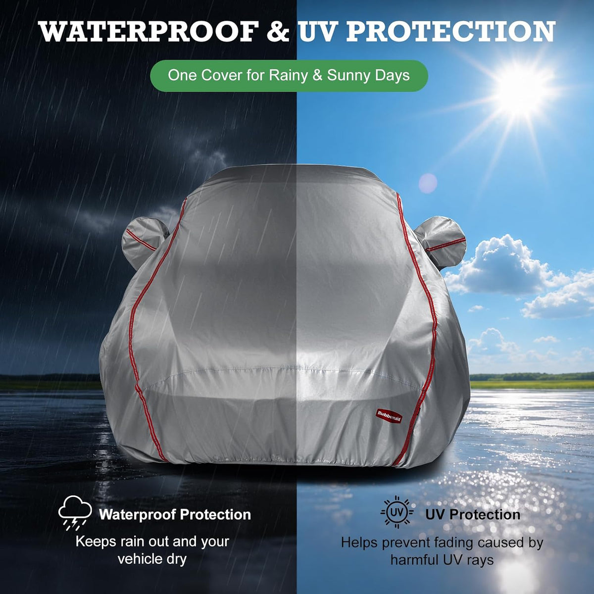 Rubbermaid 10-Layer Waterproof Car Cover– All Weather Full Exterior Vehicle Cover with Driver Door Zipper, Windproof Straps, UV & Snow Protection, Universal Fit (See Size Chart Before Purchase)
