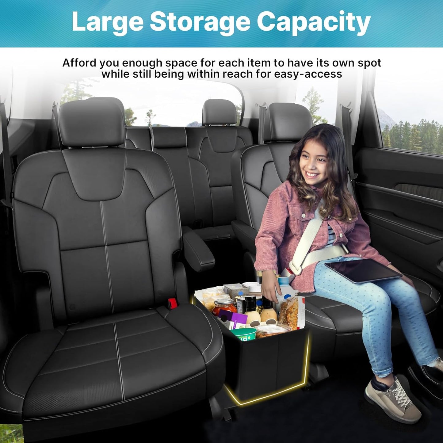 Mixsuper Liner Car Seat Organizer for Kia Telluride 2020-2026 Center Console Organizer with Cup Holders for Telluride, Kids Toys Baby Supplies Dog Toy Box Storage Bin Travel Accessories